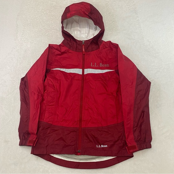 LL Bean Rain Jacket Youth Size Medium 10/12 Red Reflective Hooded Coat Nylon - Picture 1 of 16